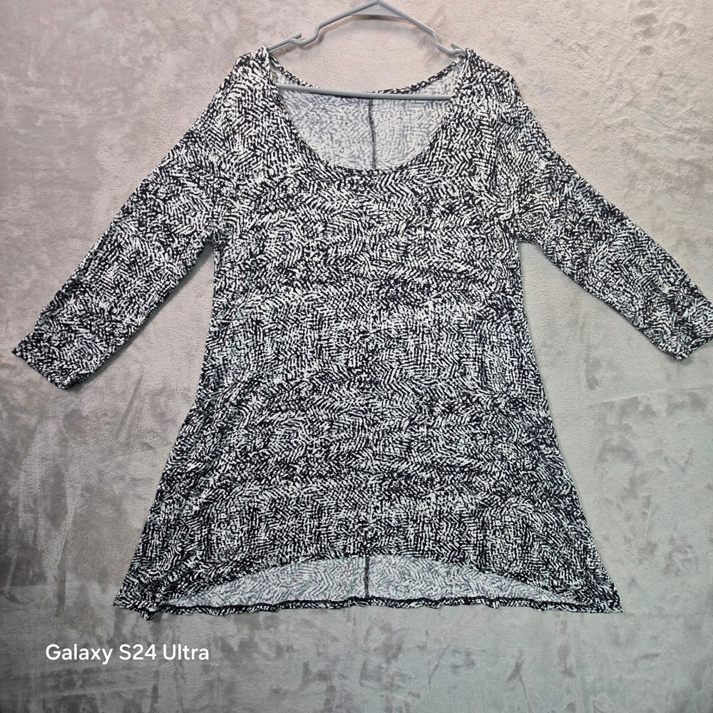 Black White Abstract Geometric Print Tunic Top 3/4 Sleeve High Low Hem XL